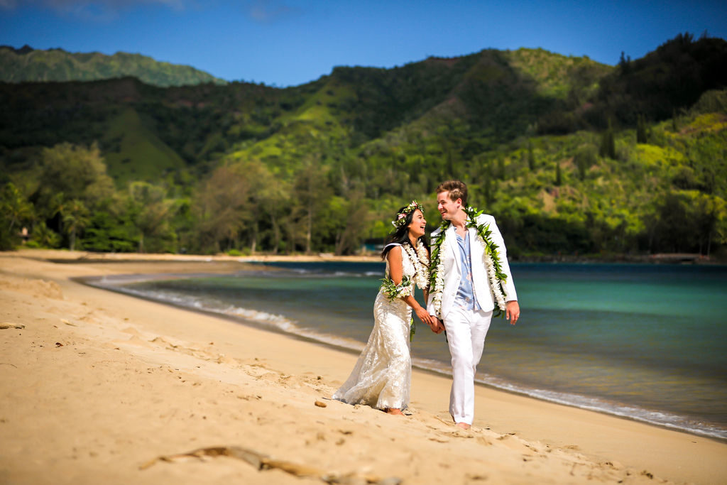 Bride and Groom just married at Hanalei Bay Kauai in the morning 