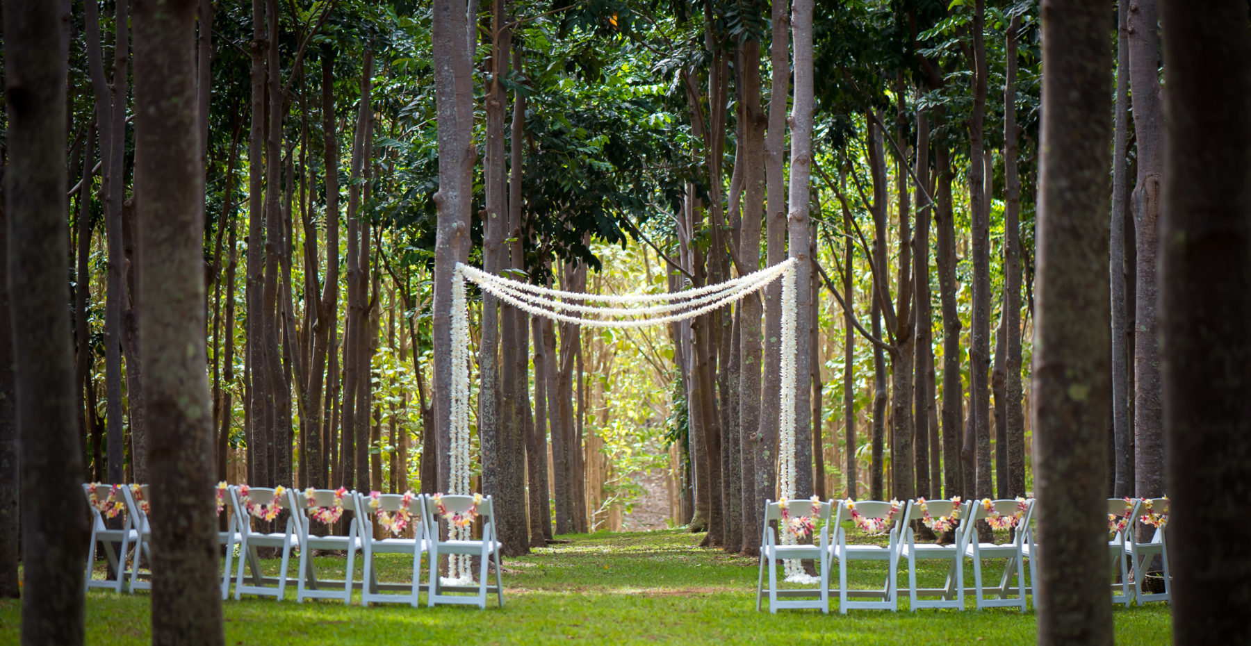 Gorgeous flower arch for intimate wedding in the hardwood forest on Kauai