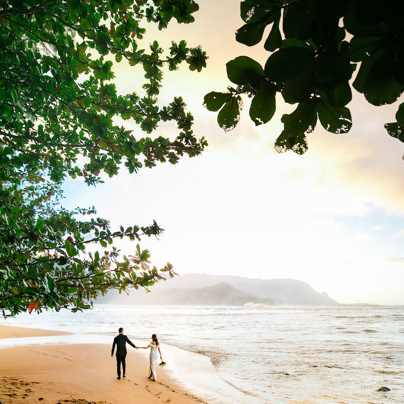 Kauai beach wedding with flower circle